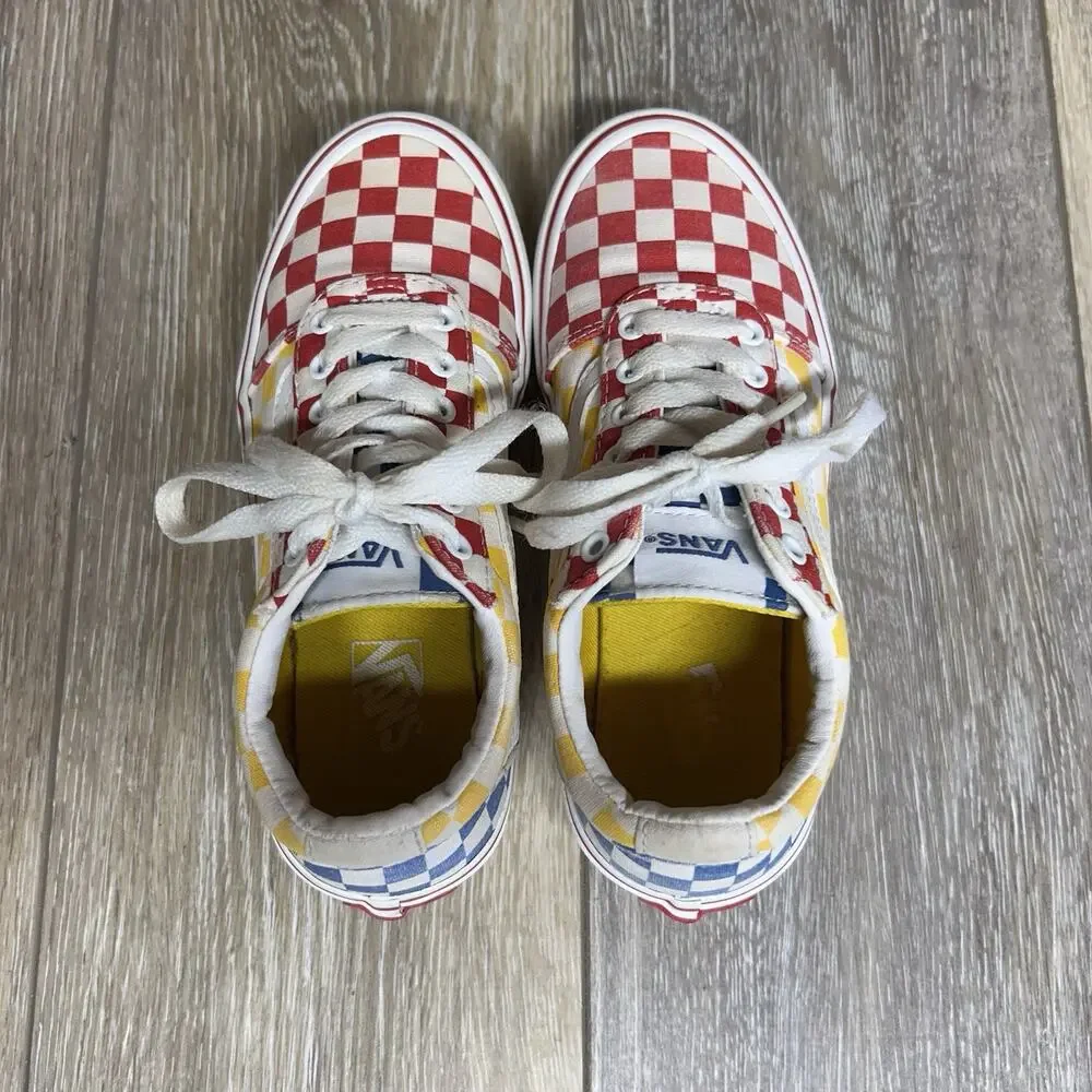 Vans Off The Wall Youth US Size 1 Red Yellow Blue Checkerboard Shoes Old Skool